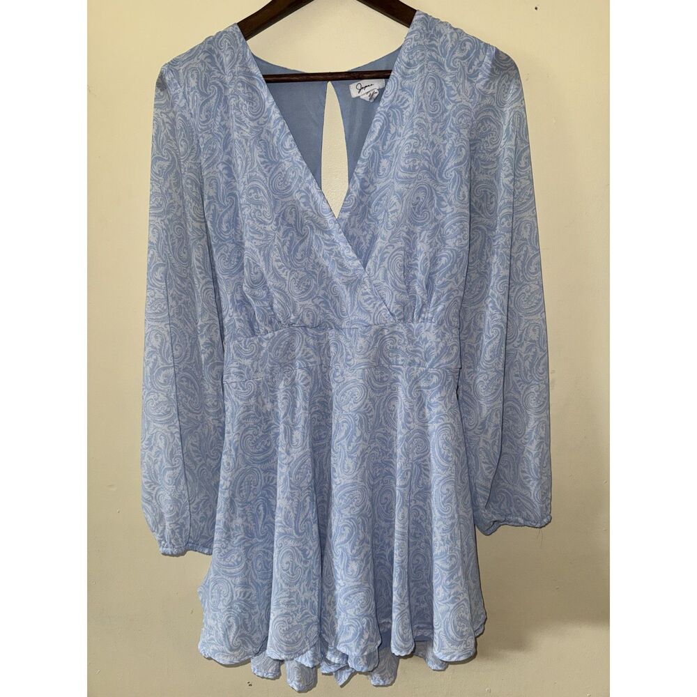 Japna Blue Paisley Long Sleeve Romper Skort Dress Cutout Back XL